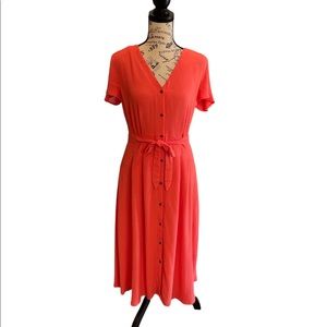 LOFT size 4 bright coral button down midi dress with tie waist